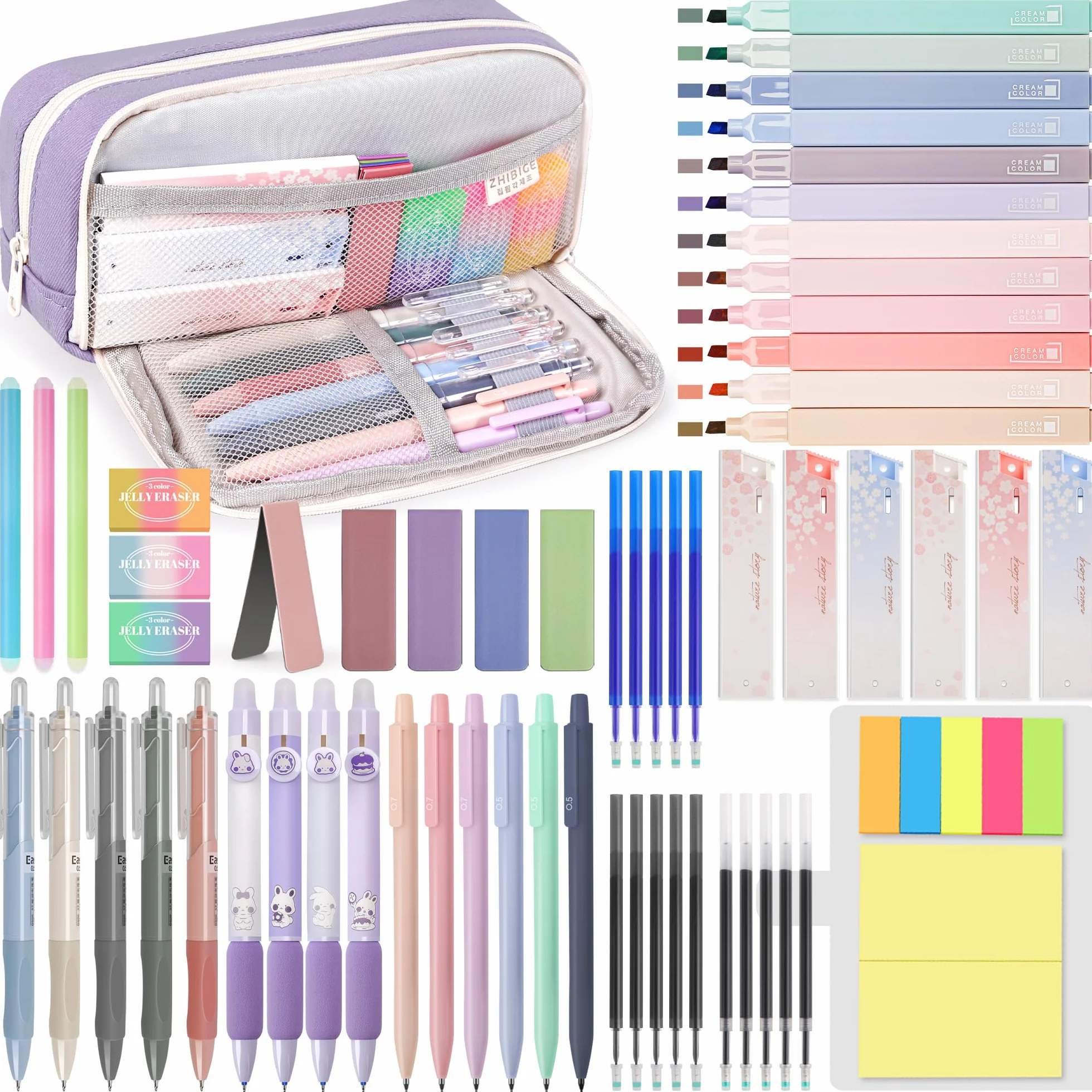 DazSpirit 61 Piezas Material Escolar Estético con Estuche Grande, 12 Subrayadores Pastel, 4 Boligrafos Borrable, 5 Boligrafos Gel, 6 Portaminas, Set De Papelería Para Estudiantes Journaling (Púrpura)