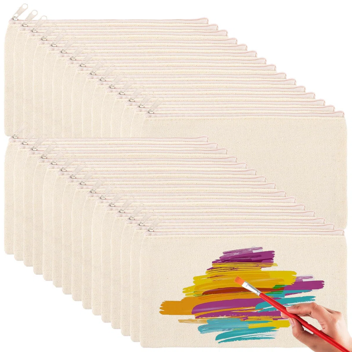 SENENQU 30 Piezas Bolsas de Tela para Pintar 12 x 21 cm, Estuche Pequeño de Lona Beige con Cremallera Beige, Estuche Personalizado para Lápices, Maquillaje, Manualidades y Regalos