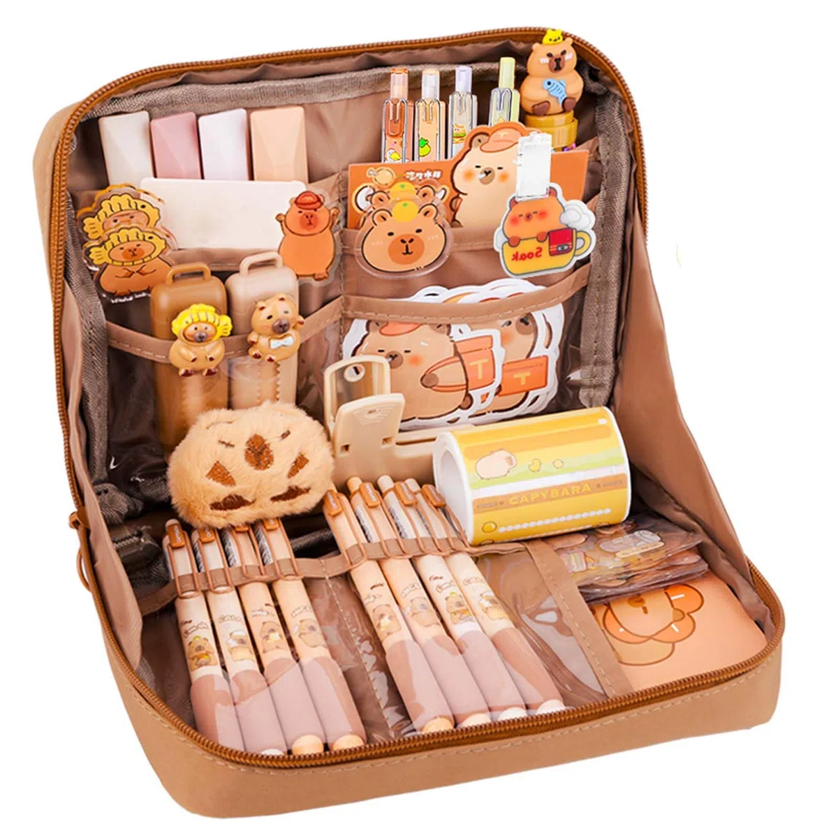 Juego de Capibara Papeleria, 62pcs Kawaii Estuche Capibara con Pegatinas Capibara, Bolígrafos, Reglas y Más, Set Papeleria para Niños, Organizador Estuche de Capibara (B)